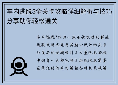 车内逃脱3全关卡攻略详细解析与技巧分享助你轻松通关